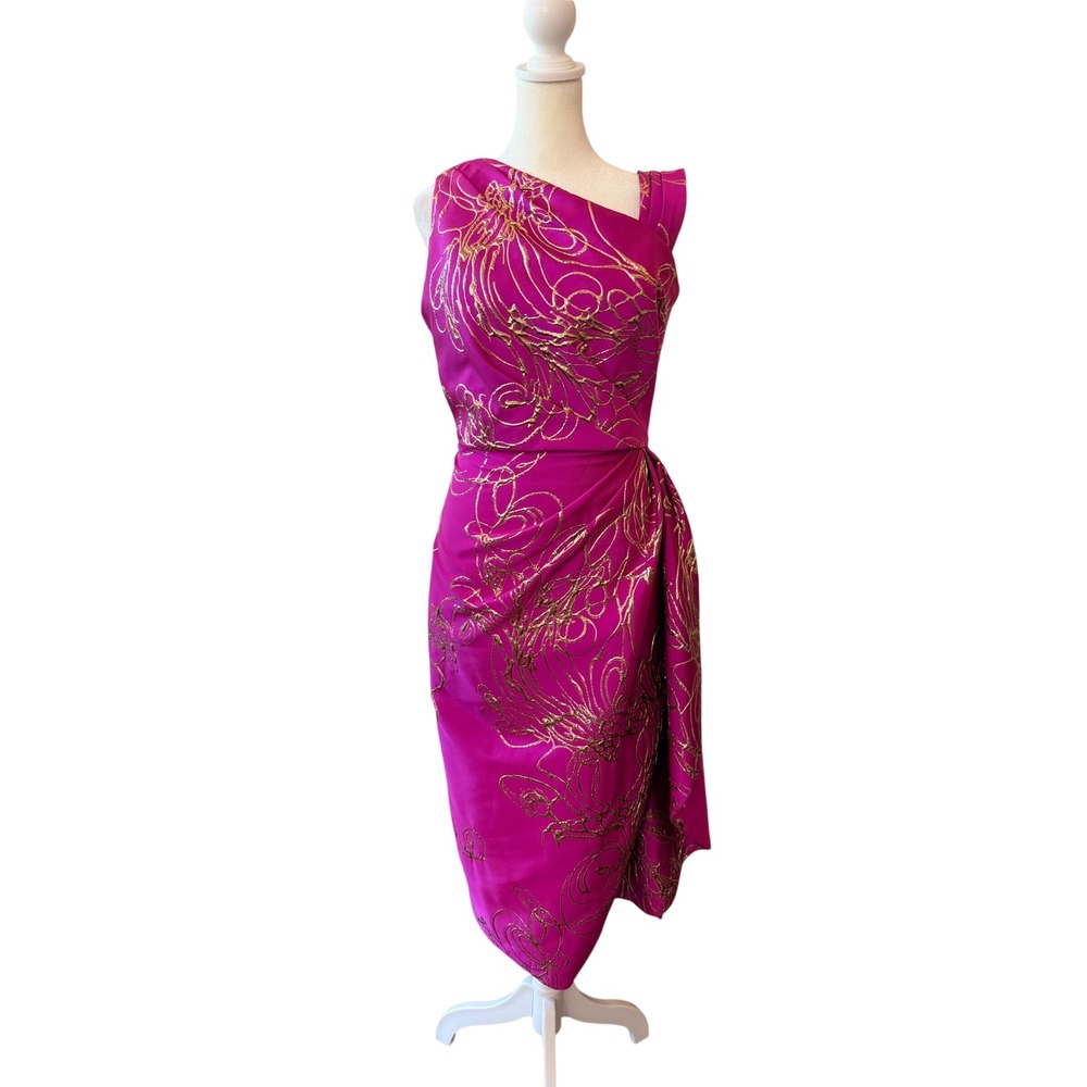 AMSALE Pink Gold Floral Brocade Black Tie Elegant Statement Cocktail Dress Sz 10